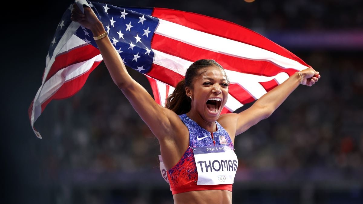 Gabrielle Thomas of Team United States celebrates winning the gold medal after competing in the Women's 200m Final on day eleven of the Olympic Games Paris 2024 at Stade de France on August 06, 2024 in Paris, France. (Photo by Michael Steele/Getty Images)