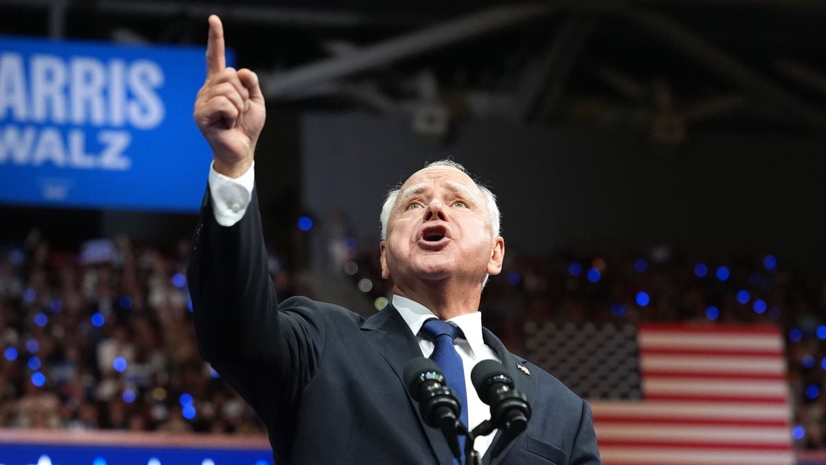 Democratic vice presidential candidate Minnesota Gov. Tim Walz speaks during a campaign rally with Democratic presidential candidate, U.S. Vice President Kamala Harris at Girard College on August 6, 2024 in Philadelphia, Pennsylvania. Harris ended weeks of speculation about who her running mate would be, selecting the 60-year-old midwestern governor over other candidates. (Photo by Andrew Harnik/Getty Images)