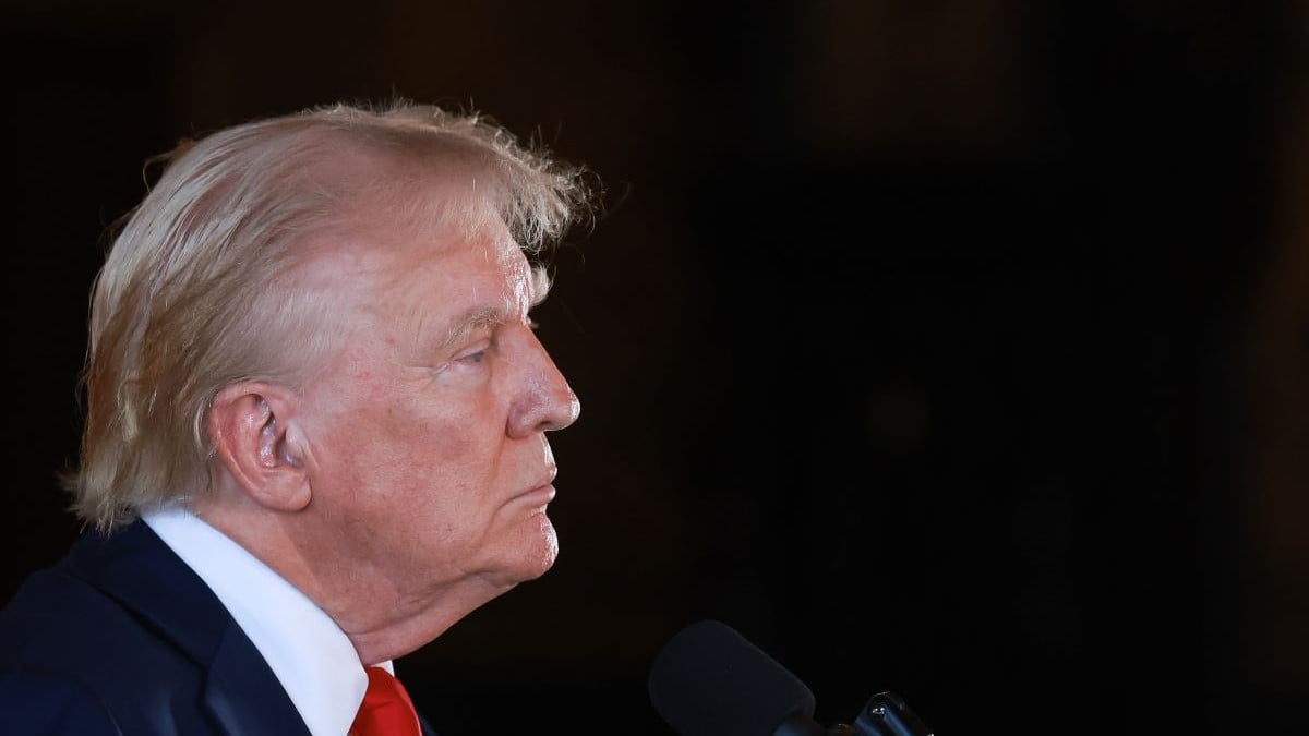 PALM BEACH, FLORIDA - AUGUST 08: Republican presidential candidate former President Donald Trump speaks during a press conference at his Mar-a-Lago estate on August 08, 2024, in Palm Beach, Florida. Polls currently show a close race between Trump and Democratic presidential candidate, U.S. Vice President Kamala Harris. (Photo by Joe Raedle/Getty Images)