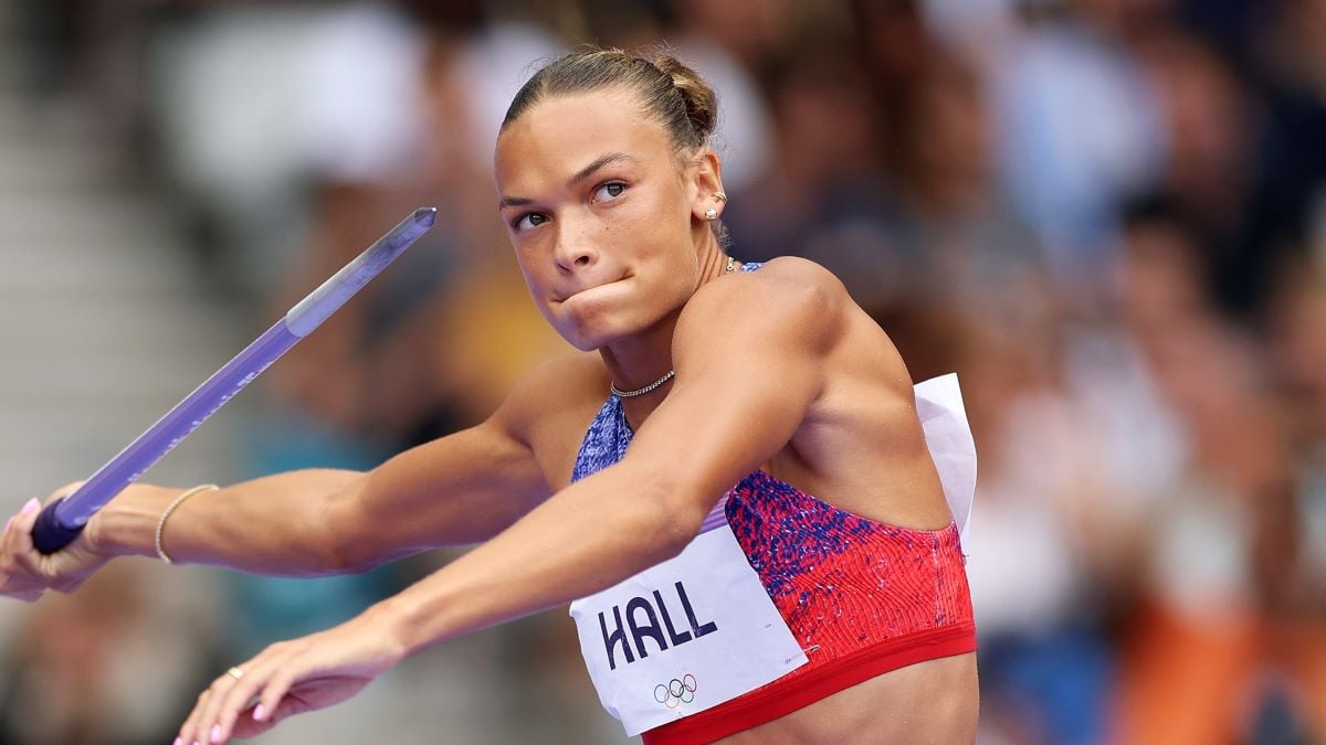 Anna Hall of Team United States competes in the Women's Heptathlon Javelin Throw on day fourteen of the Olympic Games Paris 2024 at Stade de France on August 09, 2024 in Paris, France. (Photo by Michael Steele/Getty Images)