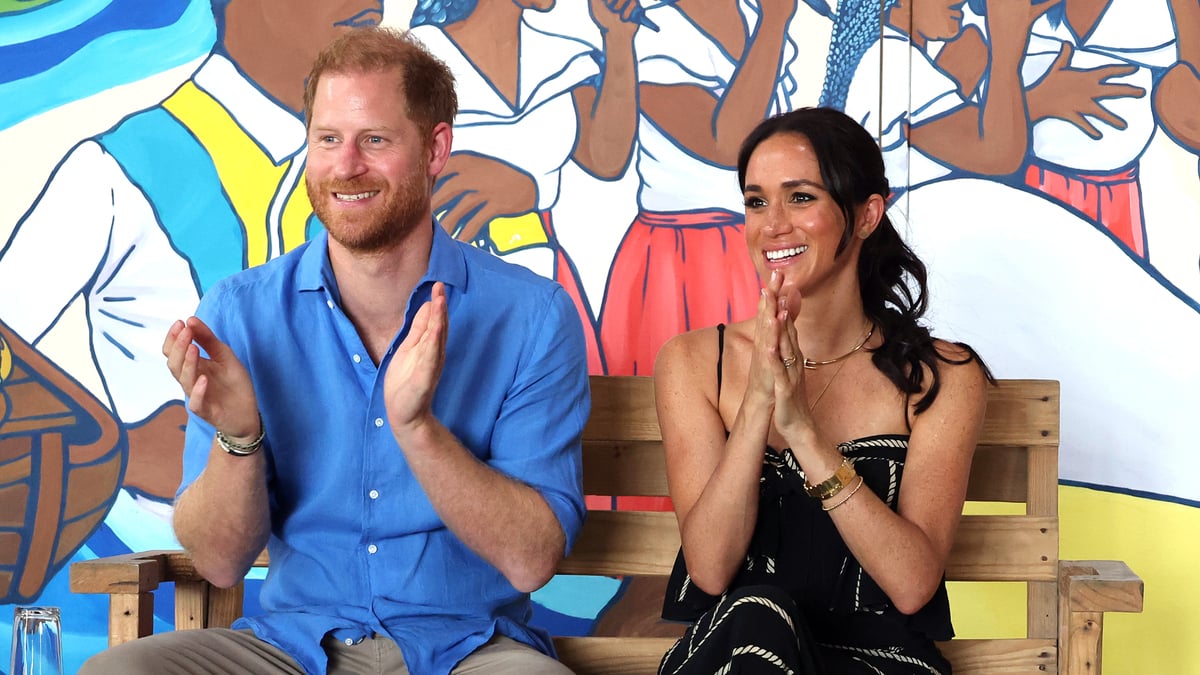 CARTAGENA, COLOMBIA - AUGUST 17: Prince Harry, Duke of Sussex and Meghan, Duchess of Sussex at the Escuela Tambores de Cabildo during The Duke and Duchess of Sussex Colombia Visit on August 17, 2024 in Cartagena, Colombia.