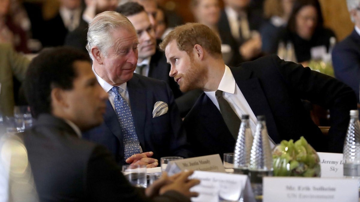 LONDON, ENGLAND - FEBRUARY 14: Prince Harry and Prince Charles, Prince of Wales attend the 'International Year of The Reef' 2018 meeting at Fishmongers Hall on February 14, 2018 in London, England.