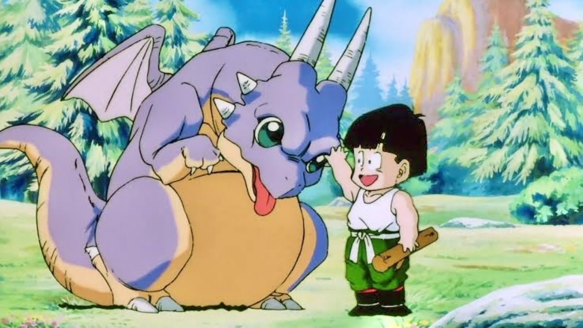 Gohan pets Icarus the dragon in 'Dragon Ball Z'