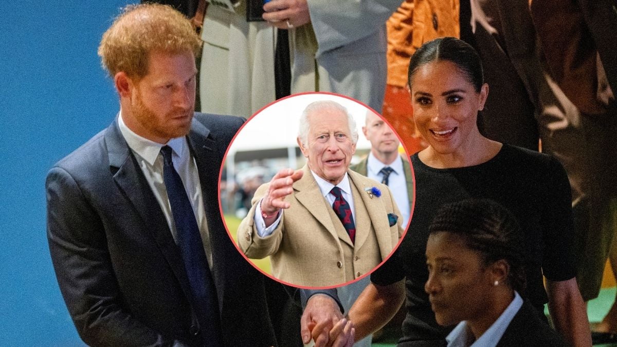 Prince Harry, Duke of Sussex and Meghan, Duchess of Sussex arrive at the United Nations General Assembly on Nelson Mandela International Day at U.N. headquarters on July 18, 2022 in New York City/King Charles III attends The 2024 Mey Highland Games at John O'Groats Park on August 03, 2024 in Edinburgh, Scotland.