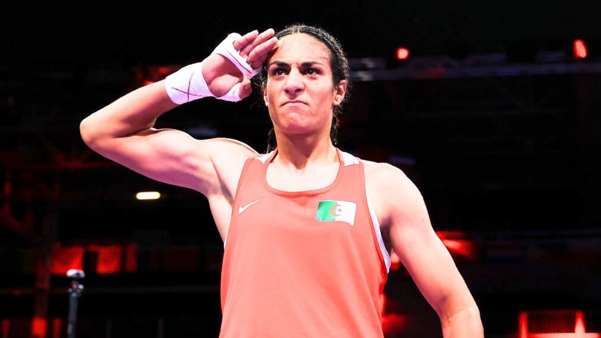 PARIS, FRANCE - AUGUST 03: Imane Khelif of Team Algeria celebrates victory against Anna Luca Hamori of Team Hungary after the Women's 66kg Quarter-final round match on day eight of the Olympic Games Paris 2024 at North Paris Arena on August 03, 2024 in Paris, France. (Photo by Richard Pelham/Getty Images)