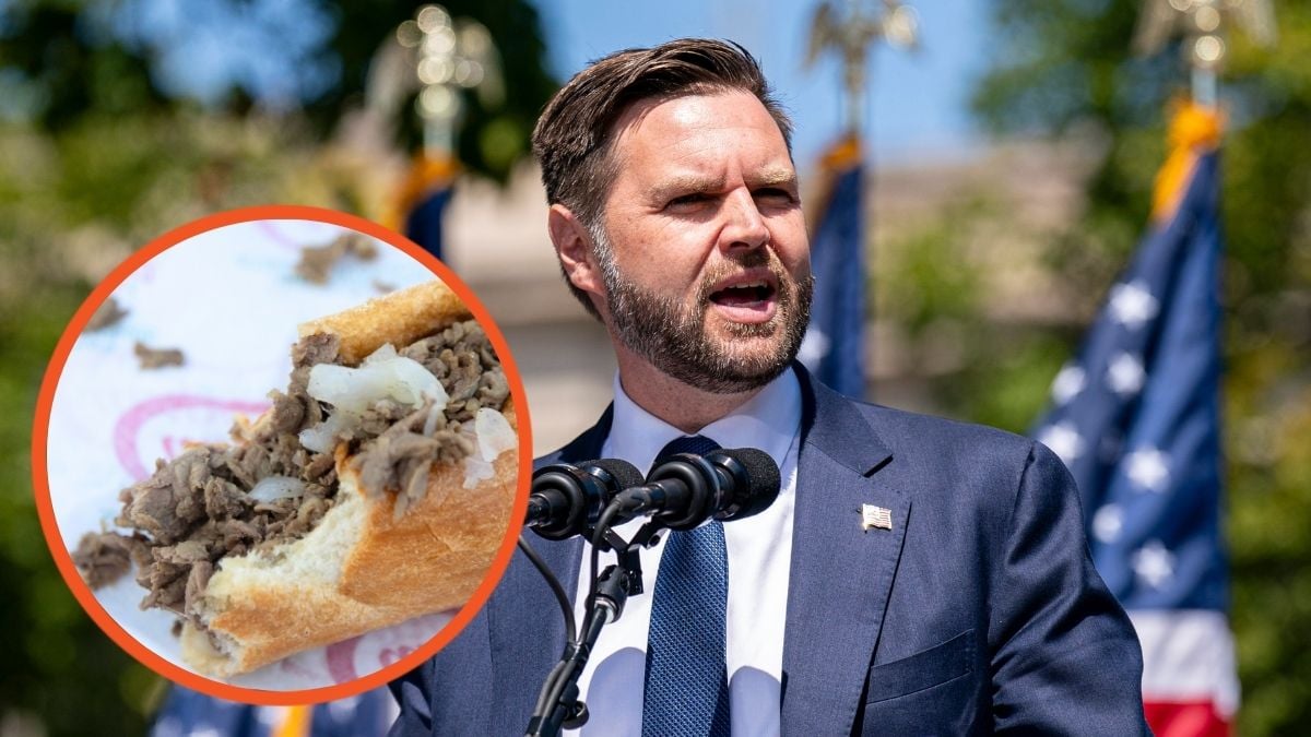 JD Vance addresses the audience at a campaign rally and detailed view of a cheesesteak prior to the game between the Tampa Bay Rays and Philadelphia Phillies