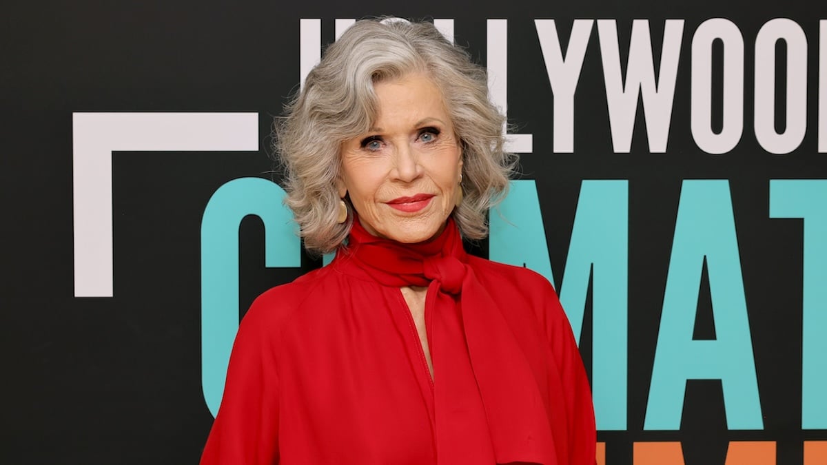 Jane Fonda, dressed in a red blouse, attends the 2024 Hollywood Climate Summit at Academy of Motion Picture Arts and Sciences