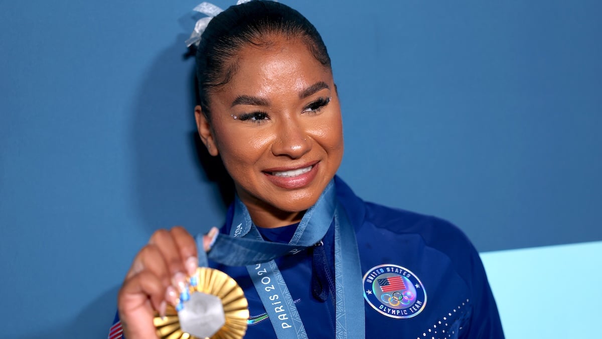 Jordan Chiles of Team United States poses with her Paris 2024 Olympic medals following the Artistic Gymnastics Women's Floor Exercise Final