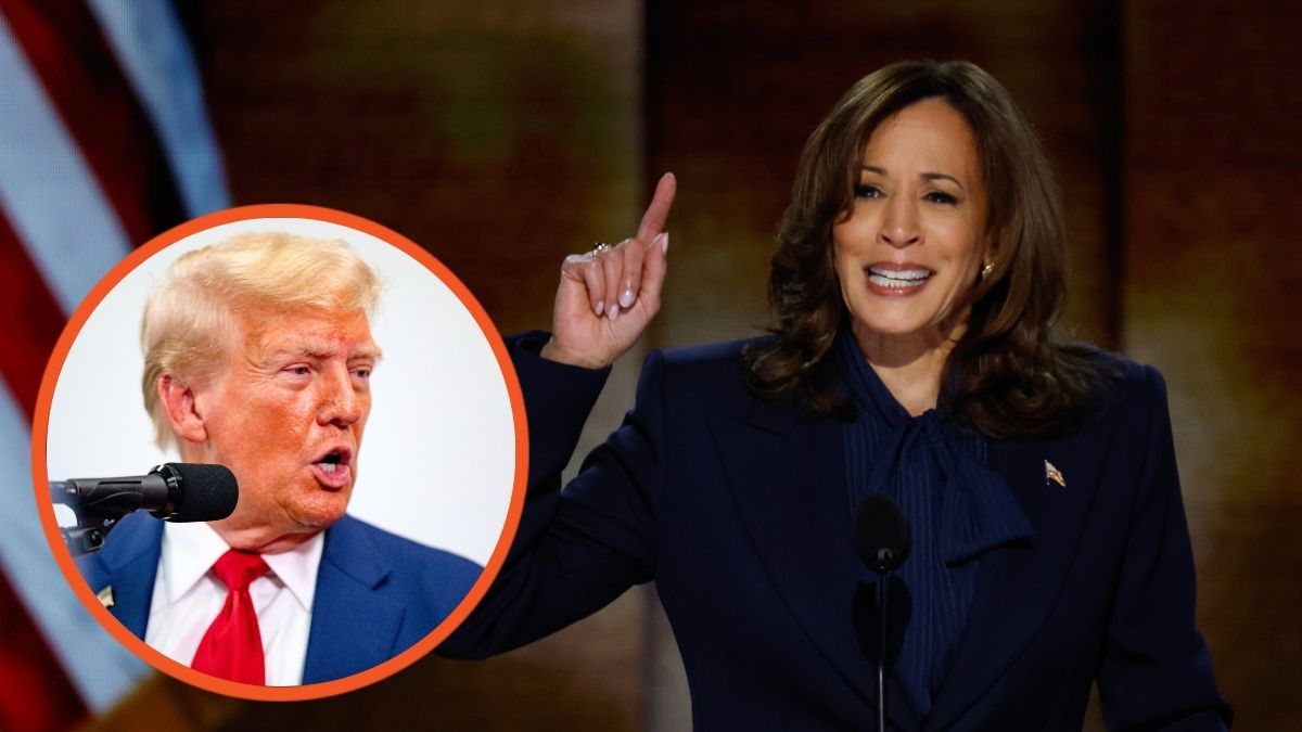 Kamala Harris speaks on stage during the final day of the Democratic National Convention and Donald Trump speaks at Trump Force 47 campaign headquarters