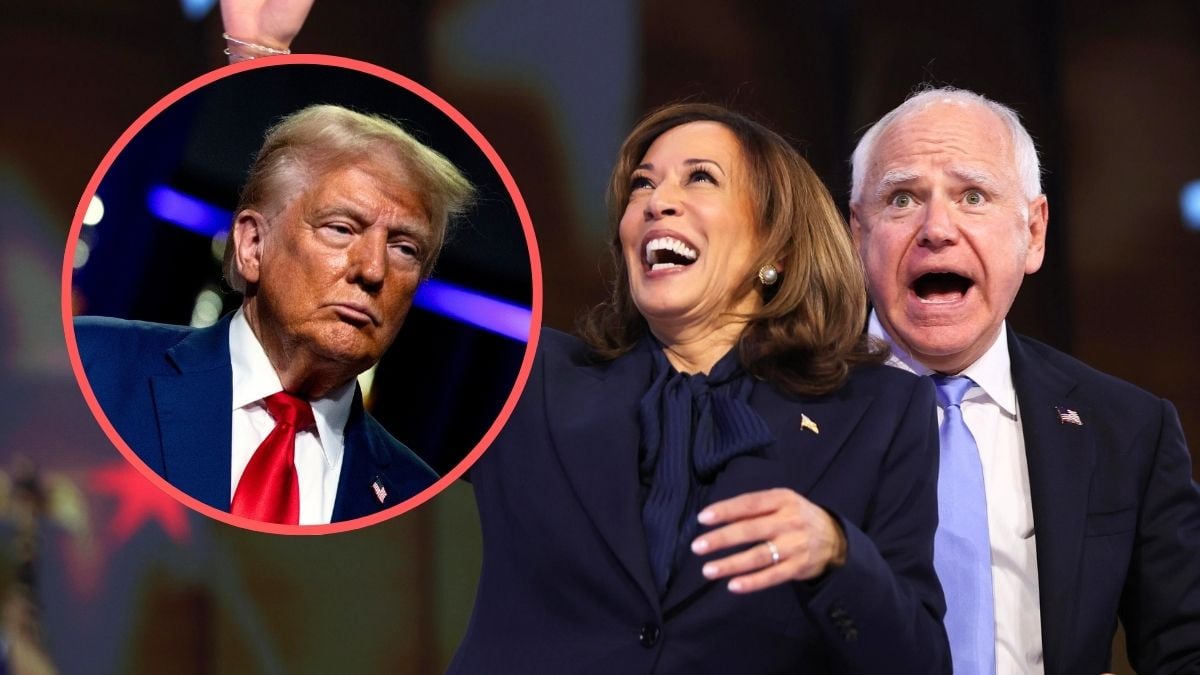 Democratic presidential nominee, U.S. Vice President Kamala Harris and Democratic vice presidential nominee Minnesota Gov. Tim Walz celebrate during the final day of the Democratic National Convention at the United Center on August 22, 2024 in Chicago, Illinois/Republican presidential nominee, former U.S. President Donald Trump during the National Guard Association of the United States' 146th General Conference & Exhibition at Huntington Place Convention Center on August 26, 2024 in Detroit, Michigan.