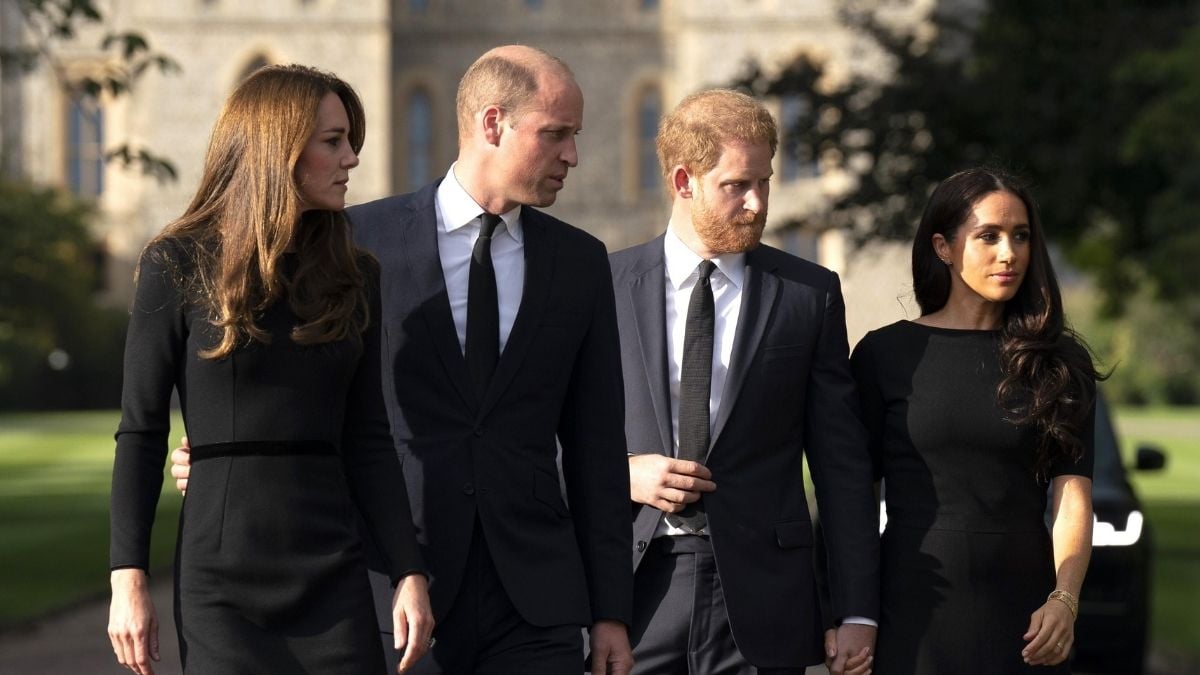 Catherine, Princess of Wales, Prince William, Prince of Wales, Prince Harry, Duke of Sussex, and Meghan, Duchess of Sussex on the long Walk at Windsor Castle on September 10, 2022 in Windsor, England.