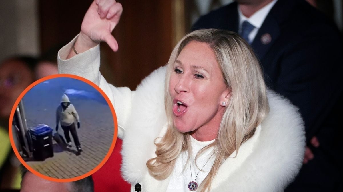 Image of the DC pipe bomber in a orange circle and U.S. Rep. Marjorie Taylor Greene (R-GA) gives a thumbs down during President Joe Biden's State of the Union address