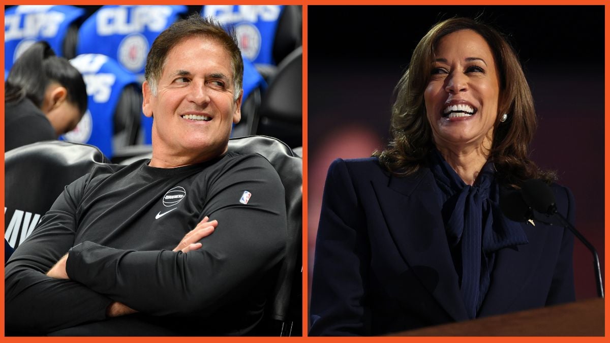 Mark Cuban attends a basketball game between the Los Angeles Clippers and the Dallas Mavericks and Kamala Harris speaks on stage during the final day of the Democratic National Convention