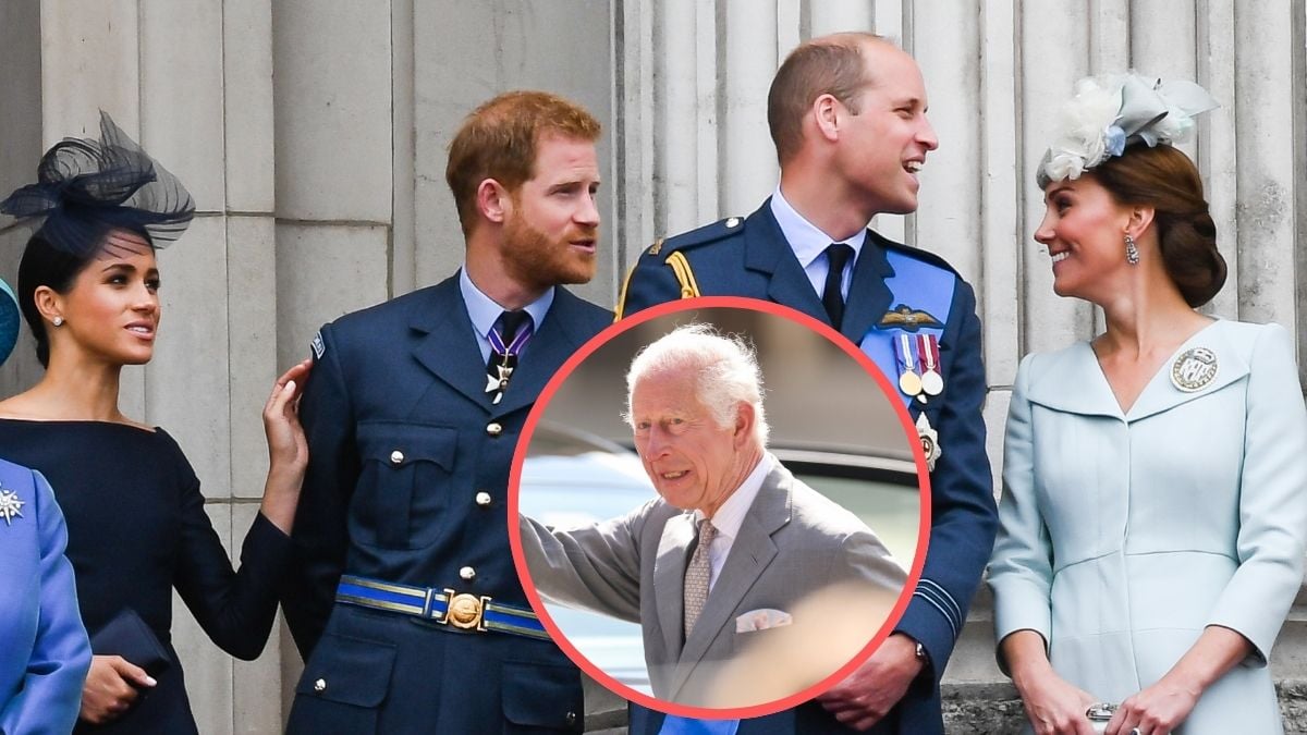 Meghan, Duchess of Sussex, Prince Harry, Duke of Sussex, Prince William, Duke of Cambridge and Catherine, Duchess of Cambridge stand on the balcony of Buckingham Palace to view a flypast to mark the centenary of the Royal Air Force (RAF) on July 10, 2018 in London, England/King Charles III waves to wellwishers as he departs Southport Town Hall after meeting members of the community and emergency services on August 20, 2024 in Southport, England.