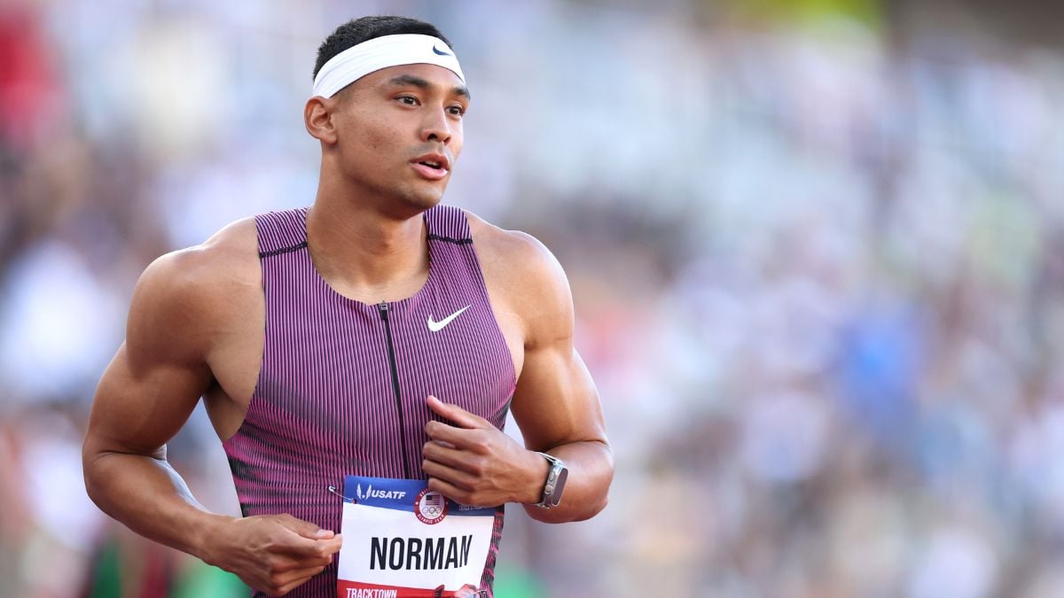 Michael Norman competes in the men's 400 meter final on Day Four of the 2024 U.S. Olympic Team Track & Field Trials at Hayward Field on June 24, 2024 in Eugene, Oregon. (Photo by Patrick Smith/Getty Images)