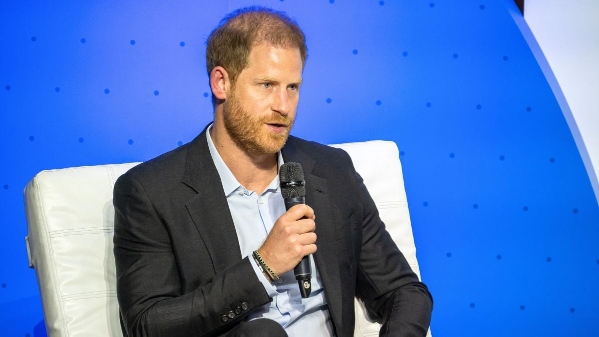 Prince Harry, Duke of Sussex speaks onstage during a forum about digital responsibility at EAN University during a visit around Colombia on August 15, 2024 in Bogota, Colombia. (Photo by Diego Cuevas/Getty Images)