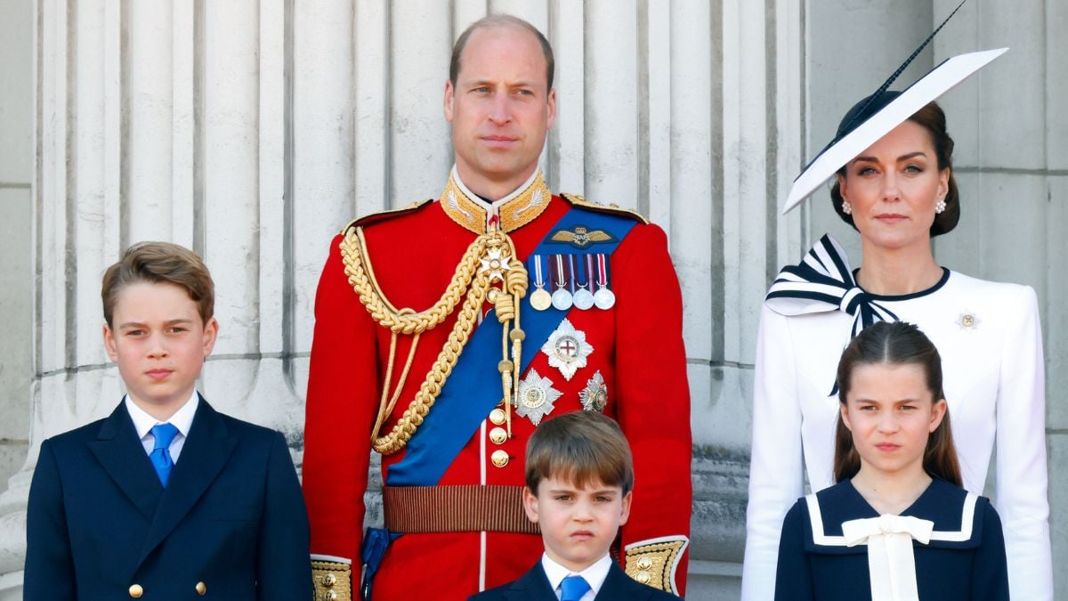 Prince George of Wales, Prince William, Prince of Wales (Colonel of the Welsh Guards), Prince Louis of Wales, Princess Charlotte of Wales and Catherine, Princess of Wales watch an RAF flypast from the balcony of Buckingham Palace after attending Trooping the Colour on June 15, 2024 in London, England. Trooping the Colour, also known as The King's Birthday Parade, is a military ceremony to mark the official birthday of the British Sovereign. The ceremony takes place at Horse Guards Parade followed by a flypast over Buckingham Palace and was first performed in the mid-17th century during the reign of King Charles II. The parade features all seven regiments of the Household Division with Number 9 Company, Irish Guards being the regiment this year having their Colour Trooped. (Photo by Max Mumby/Indigo/Getty Images)