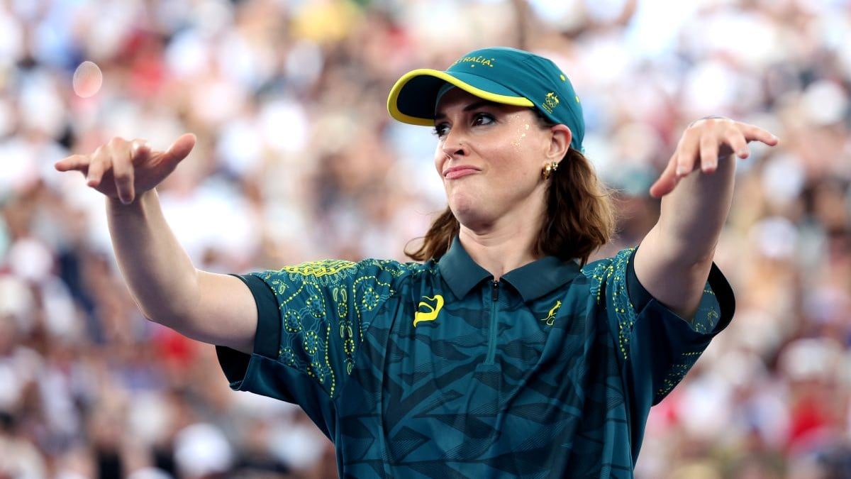 PARIS, FRANCE - AUGUST 09: B-Girl Raygun of Team Australia reacts during the B-Girls Round Robin - Group B on day fourteen of the Olympic Games Paris 2024 at Place de la Concorde on August 09, 2024 in Paris, France.