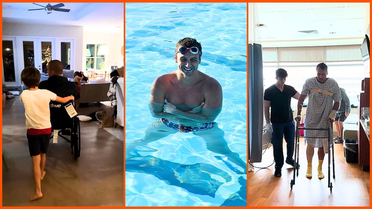 Photo montage of Ryan Lochte recovering from his car crash from wife Kayla Reid's Instagram and a photo of Lochte at Central Park Aquatic Complex in 2017.