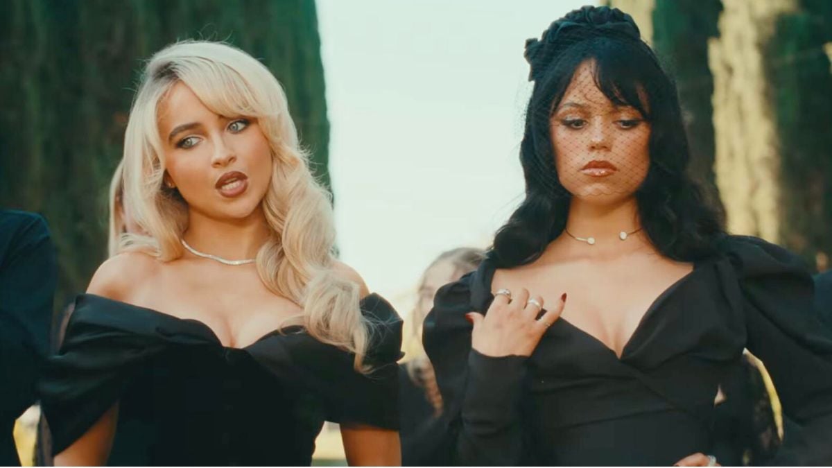 Sabrina Carpenter and Jenna Ortega standing next to each other for the music video for "Taste."