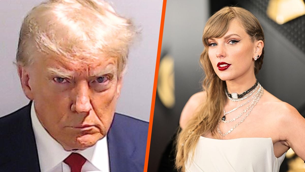 Photo montage of Donald Trump's mugshot and Taylor Swift at the 2024 Grammys.