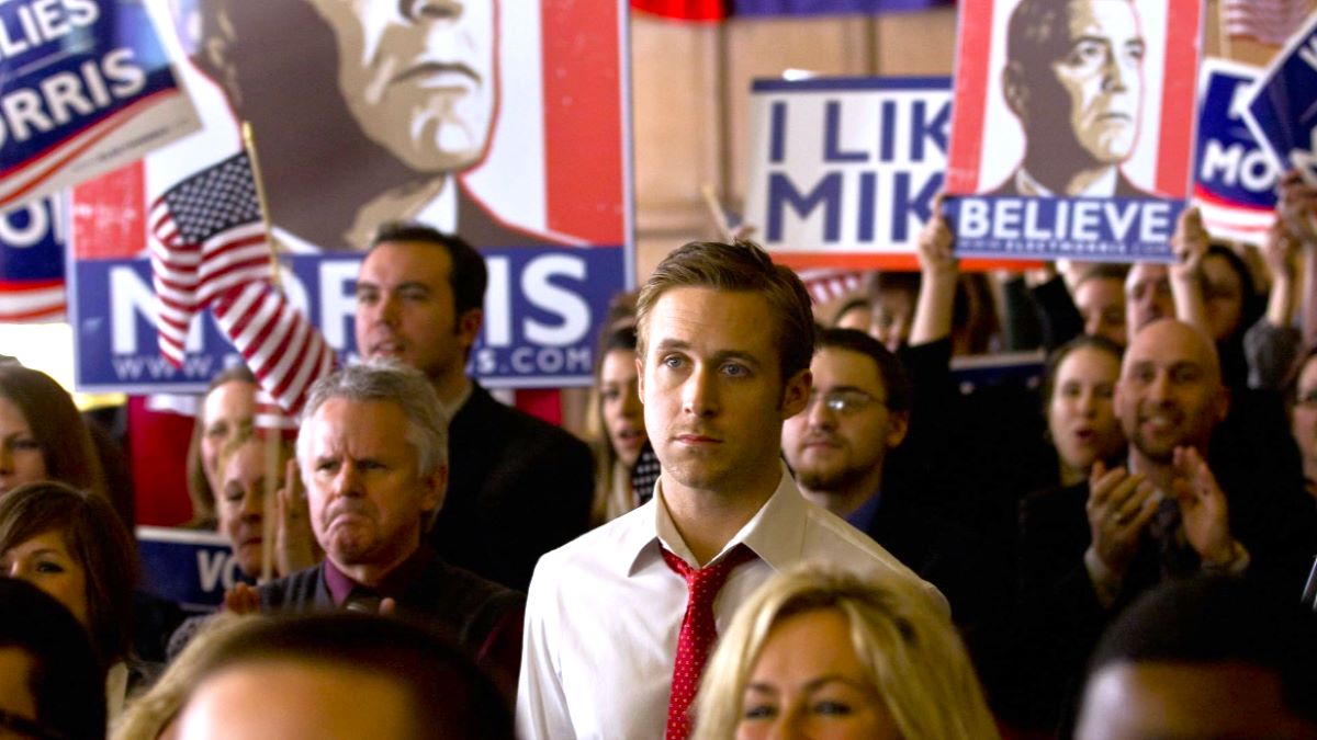 An image of a melancholic Ryan Gosling as Stephen Meyers in the political thriller, 'The Ides of March'