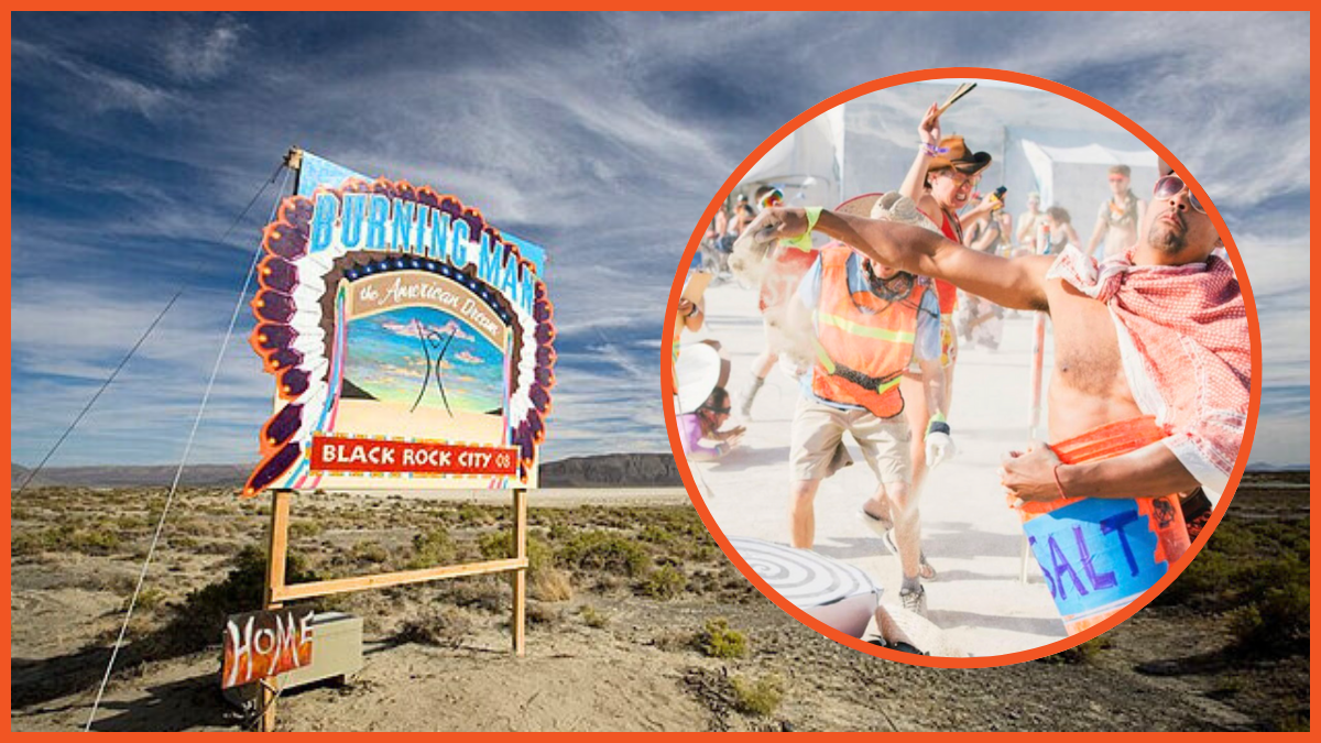 Burning Man sign and attendees