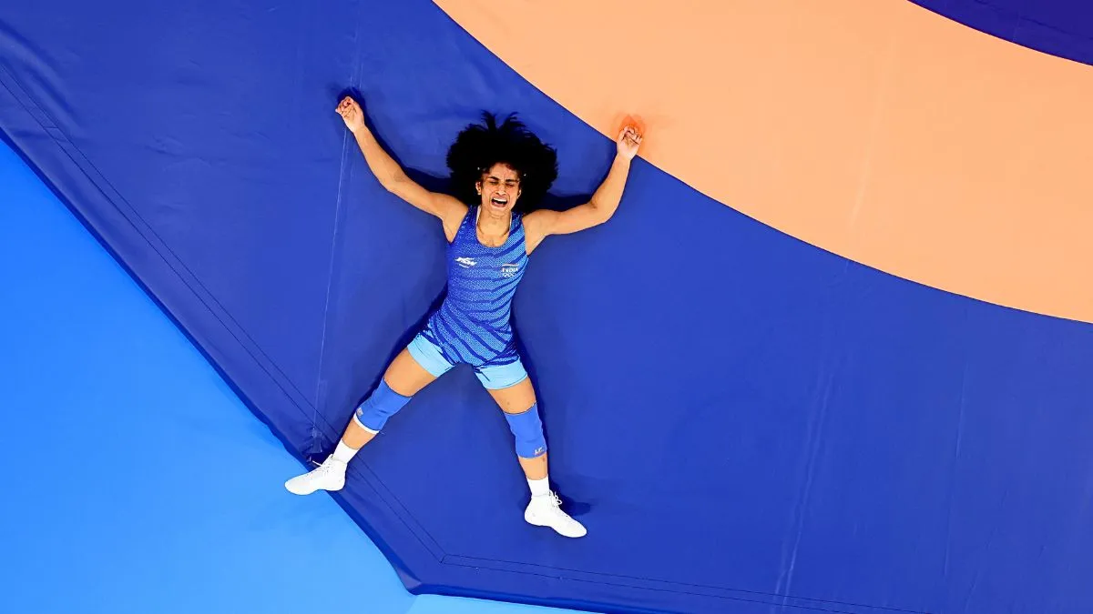 Vinesh Vinesh of Team India react during the Women's Freestyle 68kg Repechage match between Yui Susaki of Team Japan and Vinesh Vinesh of Team India on day eleven of the Olympic Games Paris 2024 at Champs-de-Mars Arena on August 06, 2024 in Paris, France.