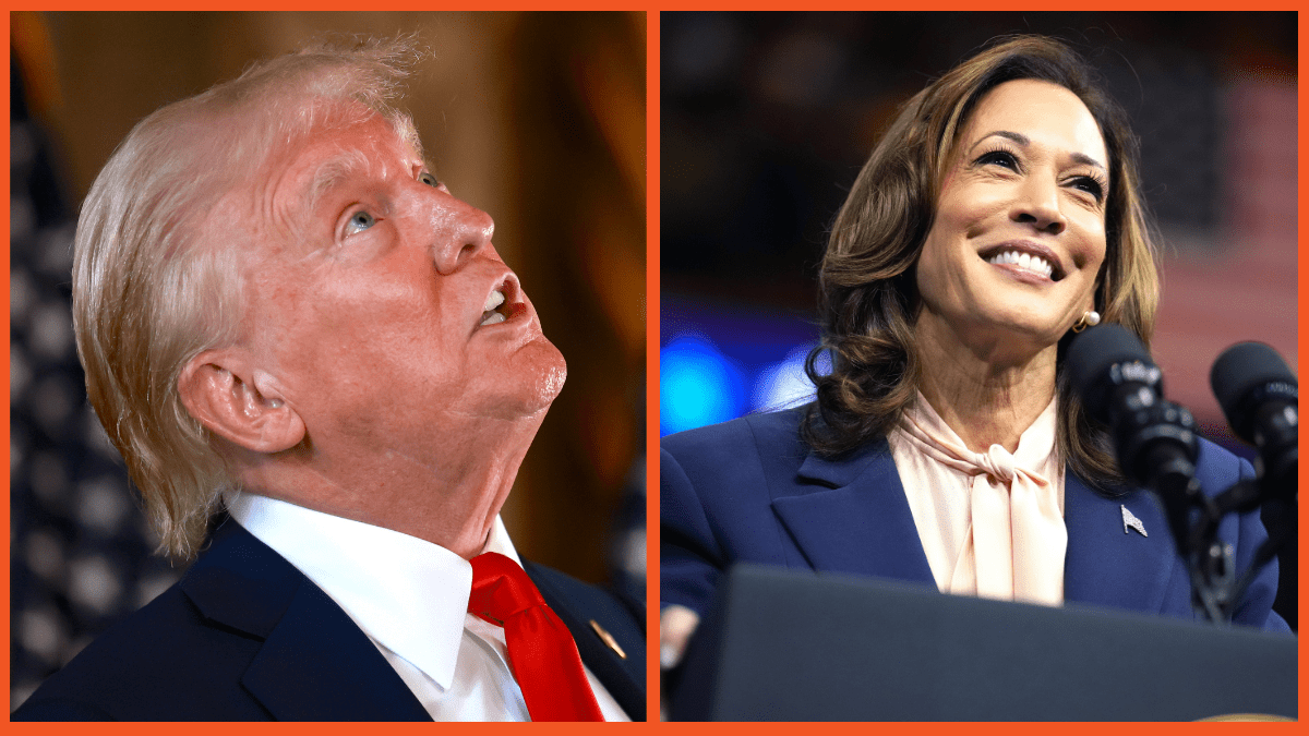 Donald Trump looking like he belongs in a loony bin and Kamala Harris smiling