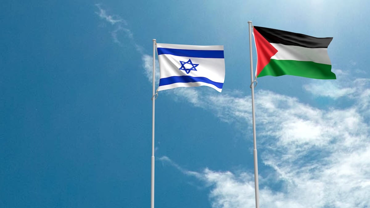 israel palestine flag waving blue sky