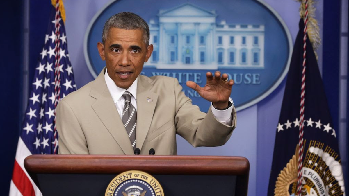 Barack Obama AP press conference in a tan suit