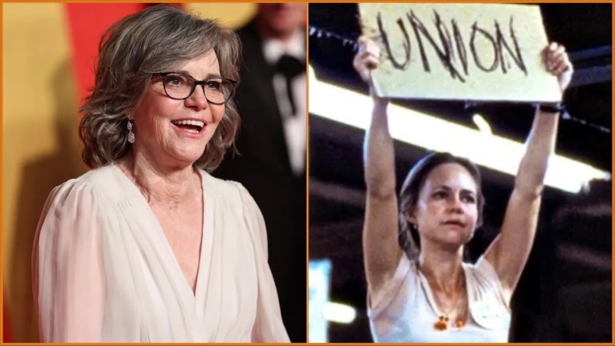 Sally Field smiling and as Norma Rae