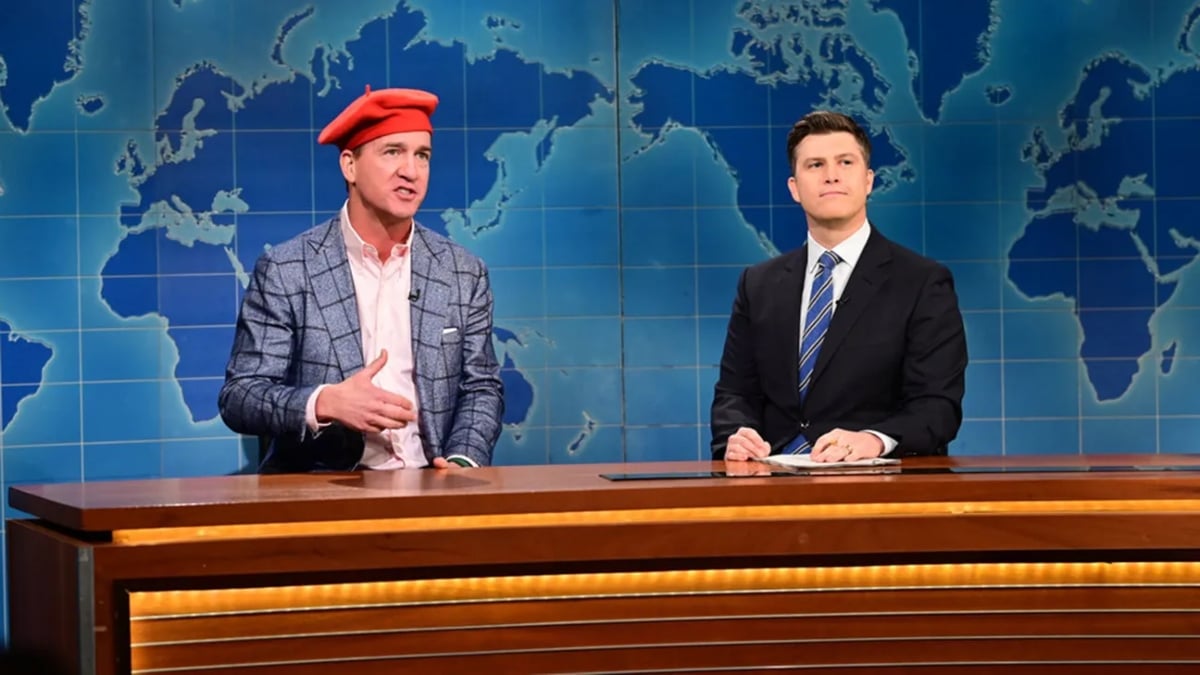 Peyton Manning and Colin Jost on Saturday Night Live