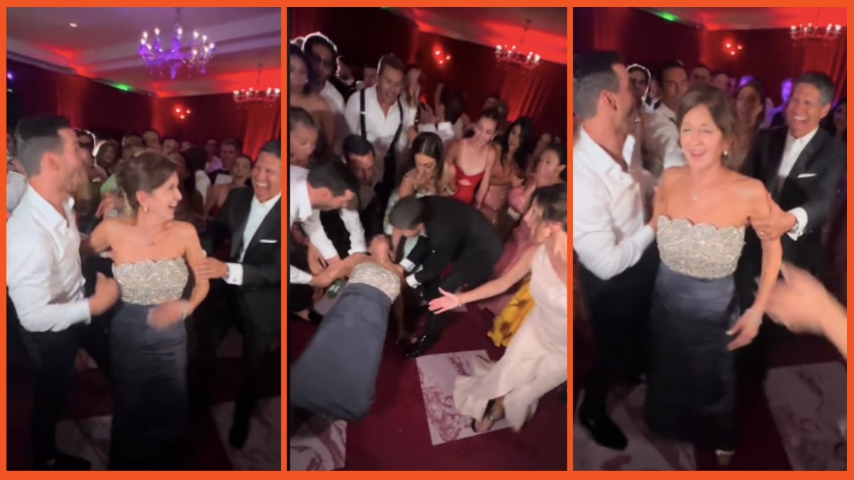 wedding guests save mother of the bride from accidental fall