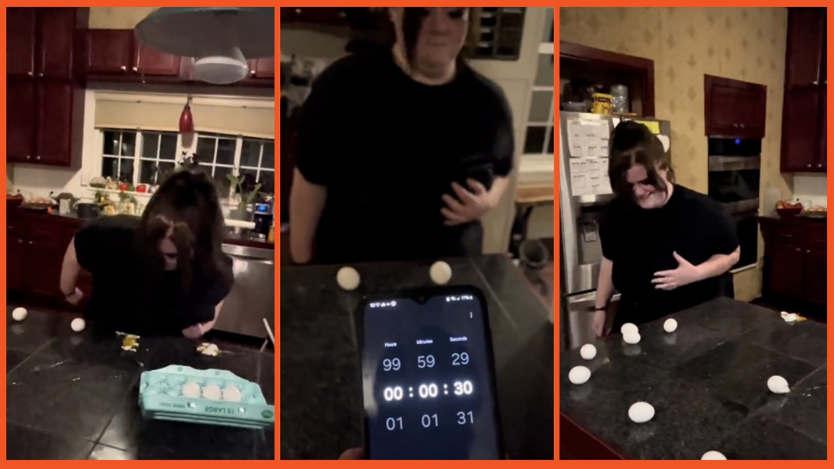 Woman uses her breasts to break eggs in new egg challenge