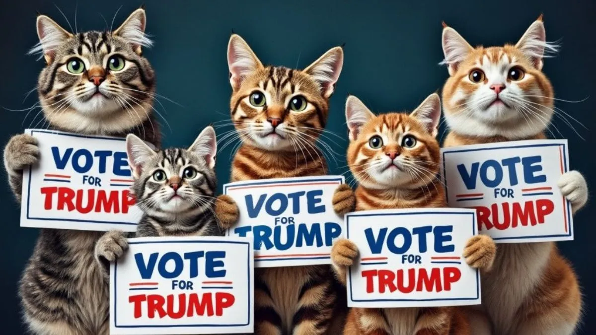 Weird AI generated image of uncanny valley cats holding Trump signs