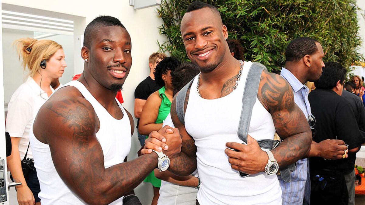 NFL players Vontae Davis and Vernon Davis attend the launch of New Tide Plus Febreze Freshness Sport at The Recreation Deck at The W South Beach on February 5, 2010 in Miami Beach, Florida.