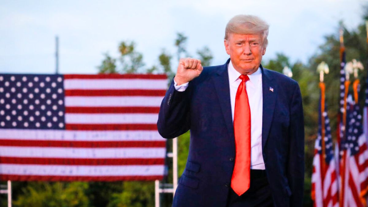 SARASOTA, FL - JULY 03: Former U.S. President Donald Trump arrives to hold a rally on July 3, 2021 in Sarasota, Florida. Co-sponsored by the Republican Party of Florida, the rally marks Trump's further support of the MAGA agenda and accomplishments of his administration. (Photo by Eva Marie Uzcategui/Getty Images)