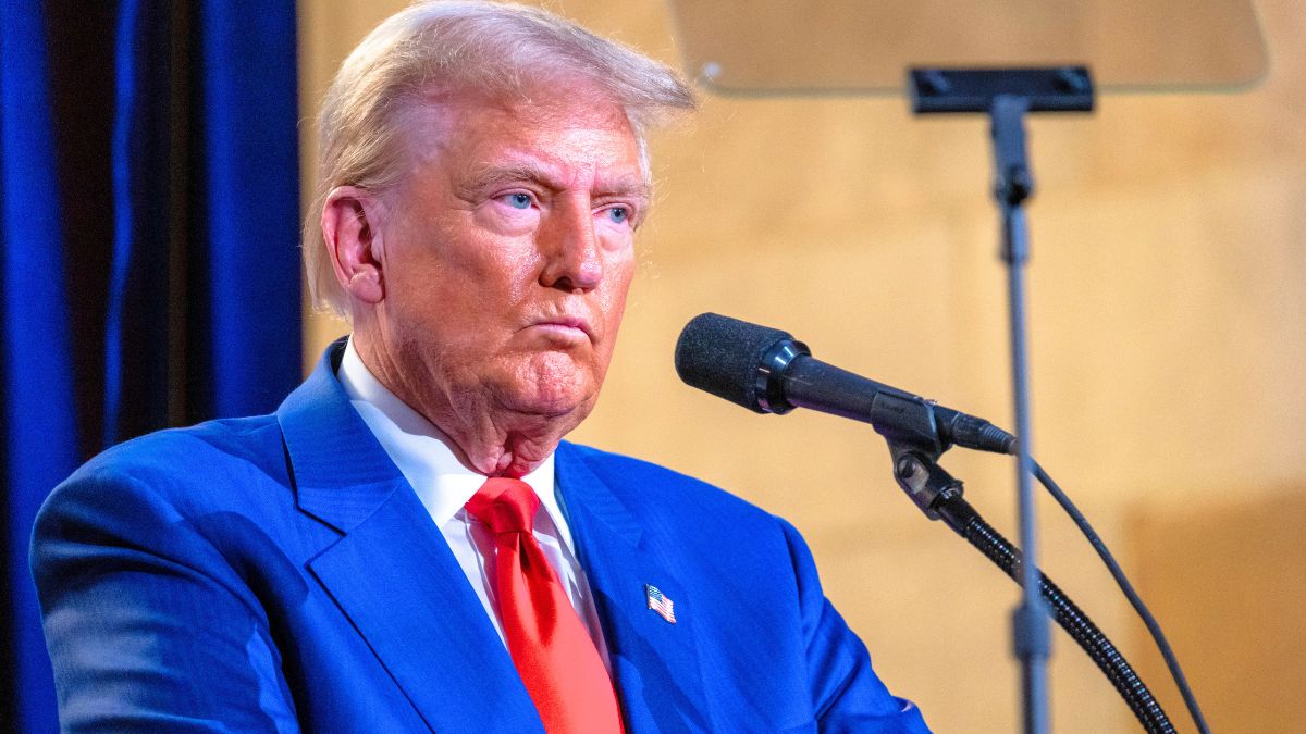 NEW YORK, NEW YORK—SEPTEMBER 05: Republican presidential nominee, former U.S. President Donald Trump addresses the Economic Club of New York on September 5, 2024, in New York City. Vice President Kamala Harris and Trump are set to debate each other next week for the first time after their campaigns.