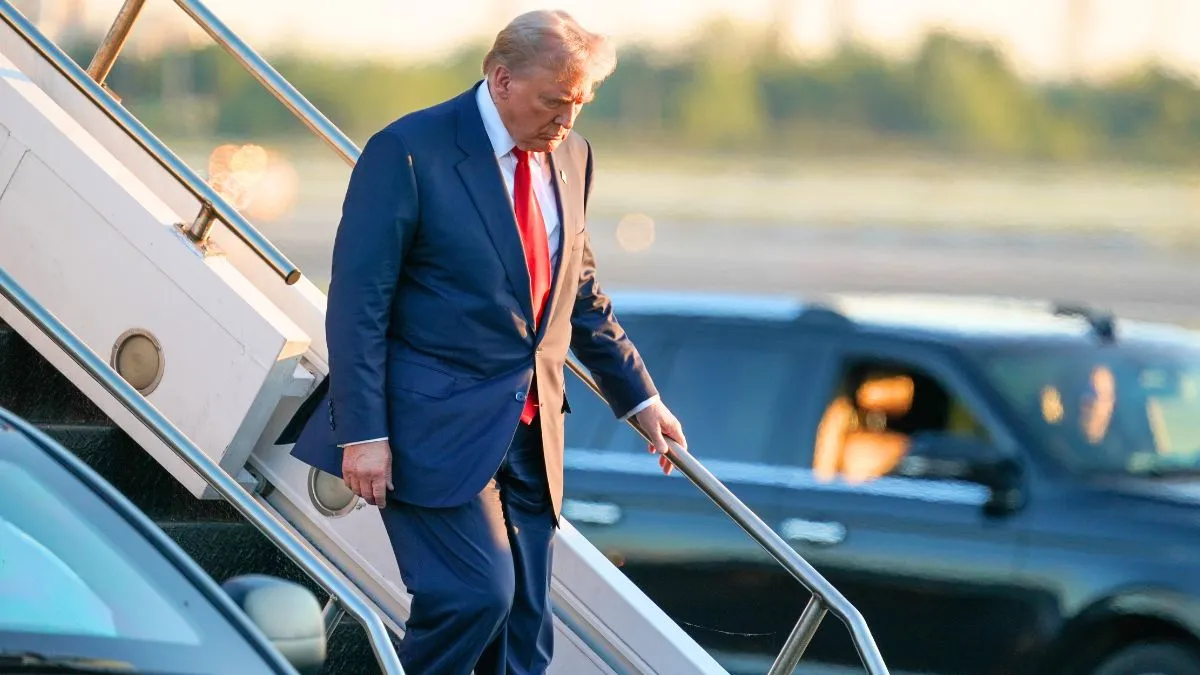 Republican presidential nominee, former U.S. President Donald Trump, arrives at Philadelphia International Airport on The Trump Organization's Boeing 757 ahead of The ABC News Presidential Debate on September 10, 2024, in Philadelphia, Pennsylvania. (Photo by Julia Beverly/Getty Images)