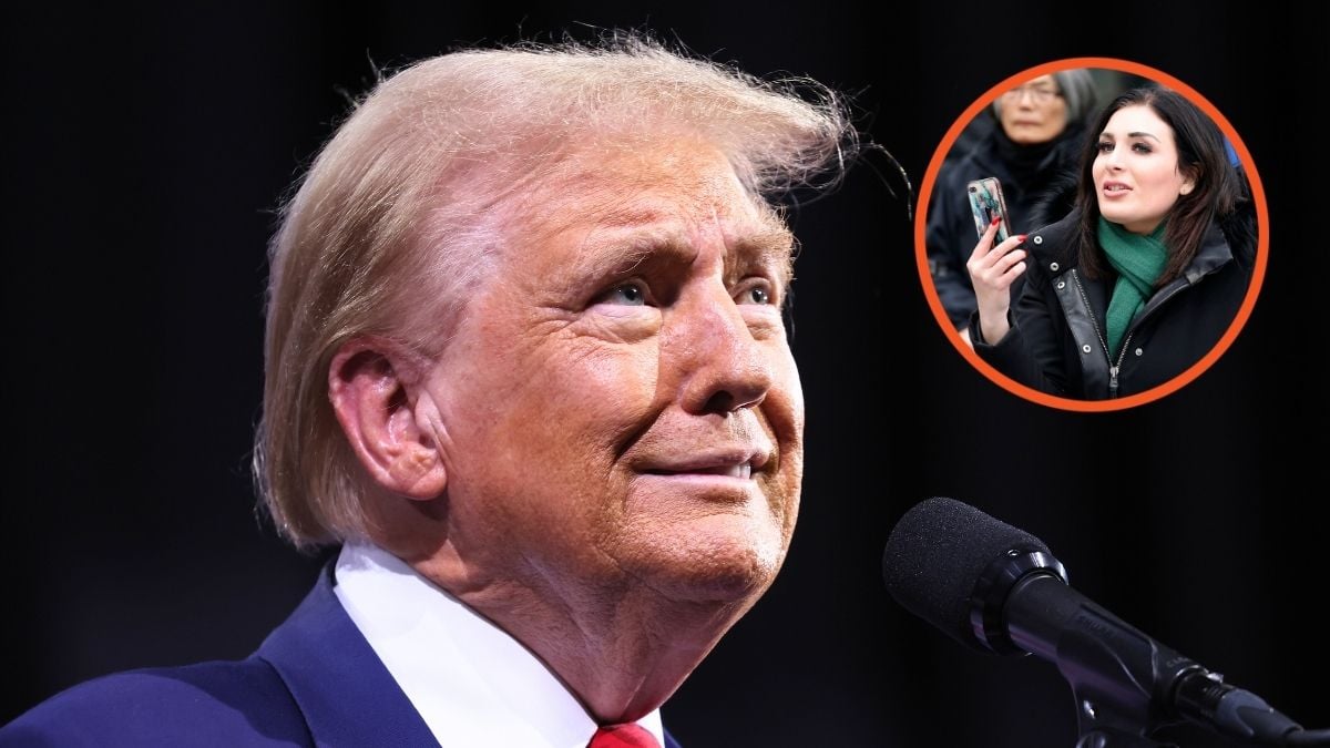 Republican presidential nominee, former U.S. President Donald Trump, speaks during a campaign event at the Linda Ronstadt Music Hall and Political activist Laura Loomer stands across from the Women's March 2019.