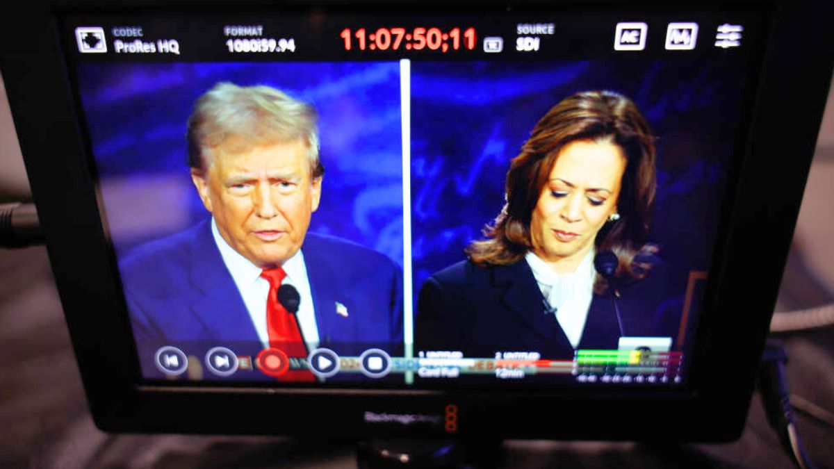 Republican presidential nominee, former U.S. President Donald Trump and Democratic presidential nominee, U.S. Vice President Kamala Harris are seen on a screen as they debate for the first time during the presidential election campaign at The National Constitution Center on September 10, 2024 in Philadelphia, Pennsylvania. After earning the Democratic Party nomination following President Joe Biden's decision to leave the race, Harris faced off with Trump in what may be the only debate of the 2024 race for the White House.