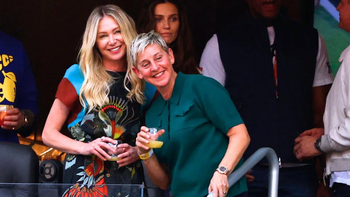 INGLEWOOD, CALIFORNIA - FEBRUARY 13: Actress Portia de Rossi and Ellen DeGeneres attend Super Bowl LVI between the Los Angeles Rams and the Cincinnati Bengals at SoFi Stadium on February 13, 2022 in Inglewood, California. (Photo by Ronald Martinez/Getty Images)