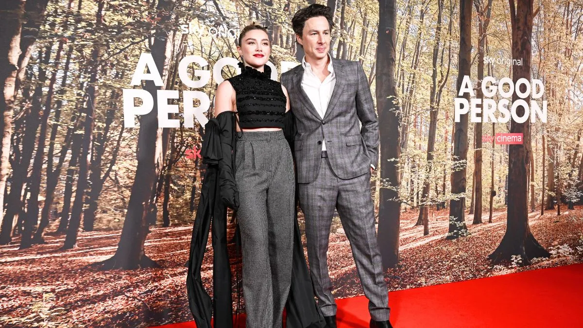 LONDON, ENGLAND - MARCH 08: Florence Pugh and Zach Braff arrive at the "A Good Person" UK Premiere at The Ham Yard Hotel on March 08, 2023 in London, England. (Photo by Jeff Spicer/Getty Images)