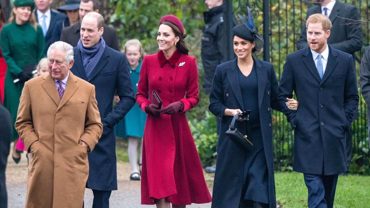 Prince Charles, Prince of Wales, Prince William, Duke of Cambridge, Catherine, Duchess of Cambridge, Meghan, Duchess of Sussex and Prince Harry, Duke of Sussex attend Christmas Day Church service at Church of St Mary Magdalene on the Sandringham estate on December 25, 2018 in King's Lynn, England.