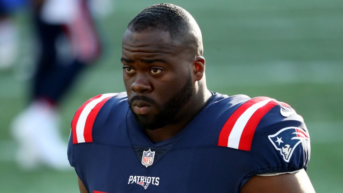 Korey Cunningham #74 of the New England Patriots looks on after the game against the Denver Broncos at Gillette Stadium on October 18, 2020 in Foxborough, Massachusetts. (Photo by Maddie Meyer/Getty Images)