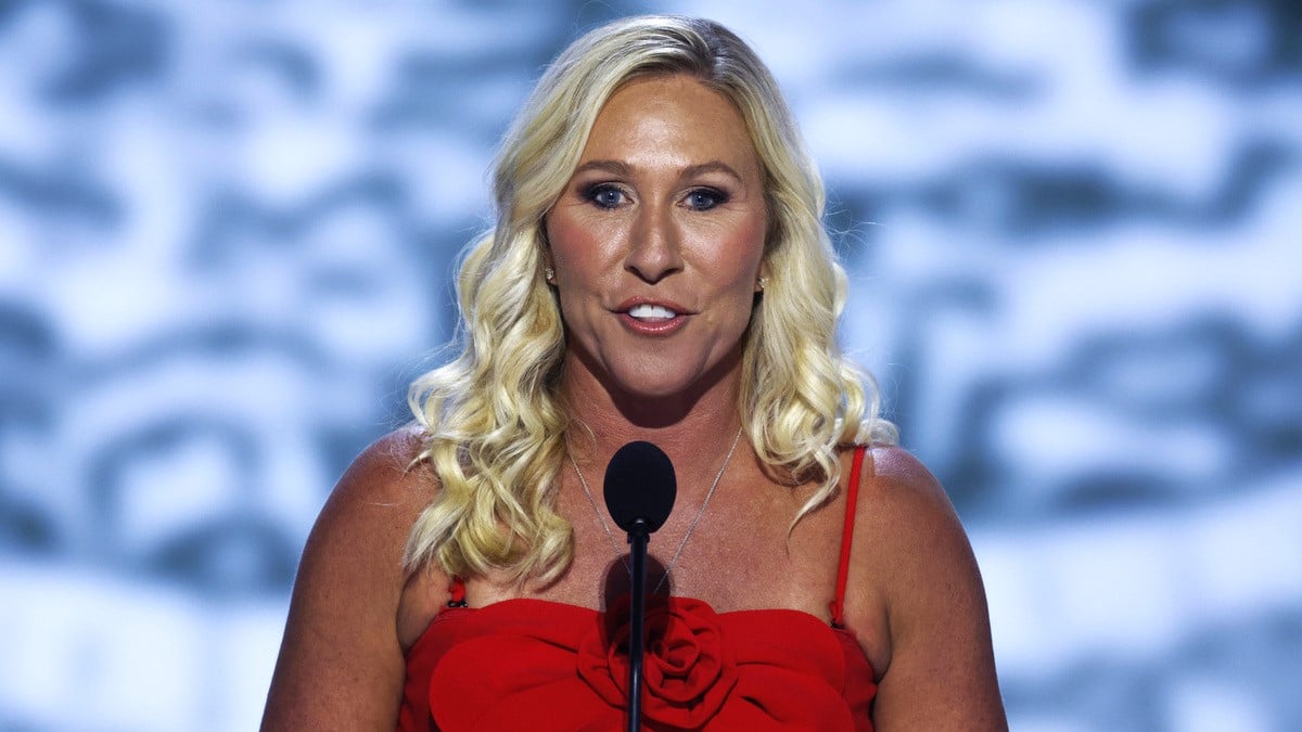 U.S. Rep. Marjorie Taylor Greene (R-GA) speaks on stage on the first day of the Republican National Convention at the Fiserv Forum on July 15, 2024 in Milwaukee, Wisconsin.