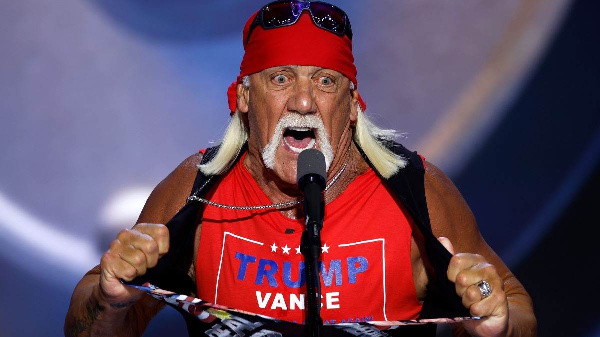 Professional entertainer and wrestler Hulk Hogan rips his shirt as he speaks on stage on the fourth day of the Republican National Convention at the Fiserv Forum on July 18, 2024 in Milwaukee, Wisconsin. Delegates, politicians, and the Republican faithful are in Milwaukee for the annual convention, concluding with former President Donald Trump accepting his party's presidential nomination. The RNC takes place from July 15-18. (Photo by Chip Somodevilla/Getty Images)