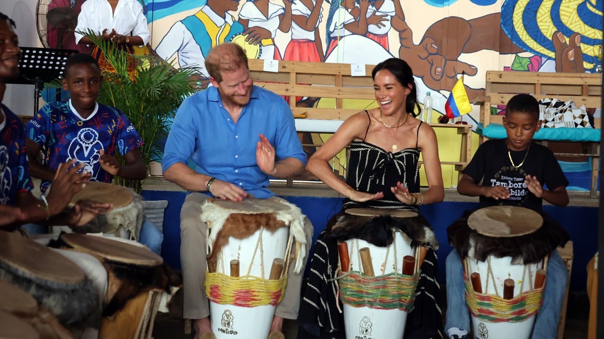 Prince Harry, Duke of Sussex and Meghan, Duchess of Sussex at the Escuela Tambores de Cabildo during The Duke and Duchess of Sussex Colombia Visit on August 17, 2024 in Cartagena, Colombia.