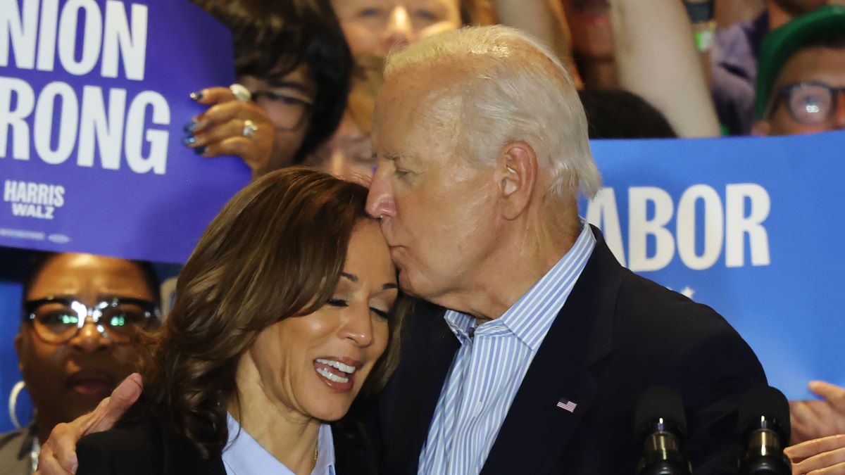 Democratic presidential nominee, U.S. Vice President Kamala Harris is embraced by U.S. President Joe Biden during a campaign event at IBEW Local Union #5 on September 02, 2024 in Pittsburgh, Pennsylvania. President Joe Biden joined Vice President Harris for her second Labor Day event, for the first time on the campaign trail since he departed the Democratic ticket and Harris was confirmed as the Democratic Party's nominee for the 2024 presidential election against Republican presidential nominee, former U.S. President Donald Trump. The event was attended by members of the IBEW,United Steelworkers, AFSCME, and other unions. (Photo by Michael M. Santiago/Getty Images)